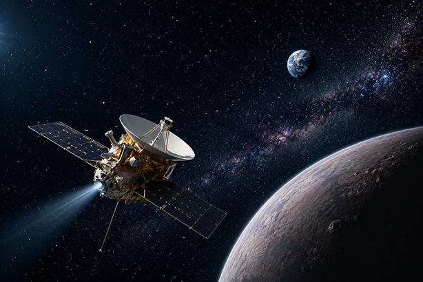 Ruimtesonde die door de diepe ruimte reist langs een verre planeet