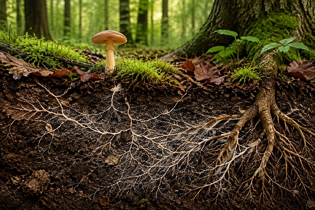 Doorsnede van een bosbodem met een paddenstoel boven de grond en een netwerk van mycelium rond boomwortels