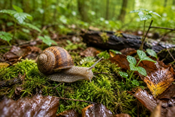 Huisjesslak op vochtig mos en bladeren in de Nederlandse natuur