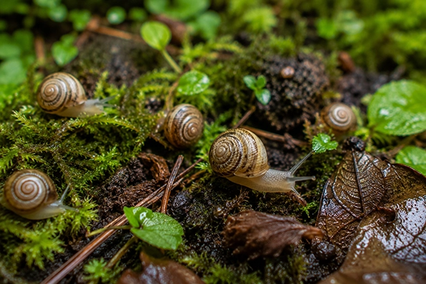 Meerdere huisjesslakken tussen vochtig mos en bladeren in de Nederlandse natuur