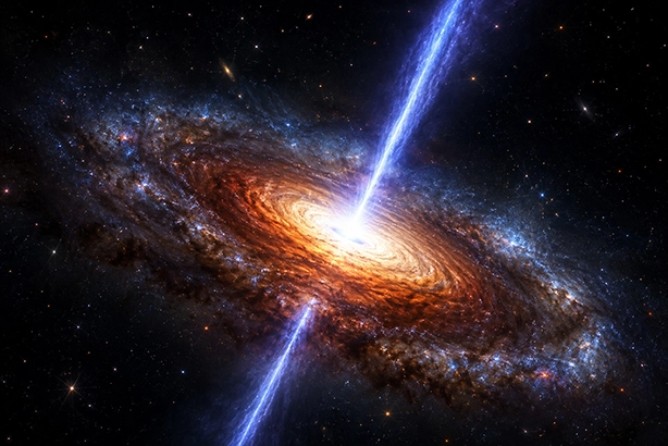 Heldere quasar met gloeiende accretieschijf en krachtige jets in een sterrenstelsel in de diepe ruimte.