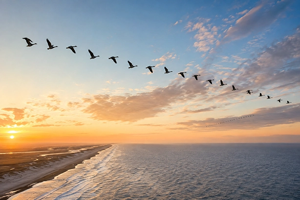 Trekvogels vliegen over zee tijdens een lange jaarlijkse trektocht