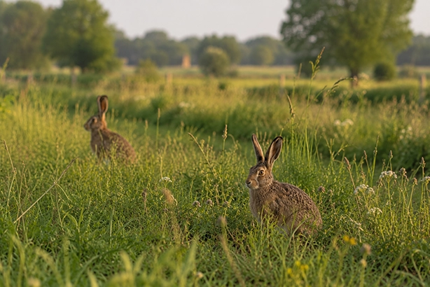 Twee hazen samen in het Nederlandse landschap tussen het hoge gras