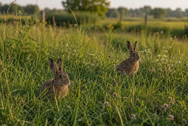 Twee jonge hazen tussen het hoge gras en de wilde bloemen in het Nederlandse landschap