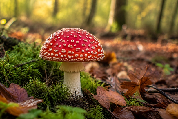 Vliegenzwam met rode hoed en witte stippen tussen mos en herfstbladeren in een Nederlands bos