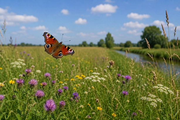 Vlinder boven een bloemrijke Nederlandse weide met sloot en bomen