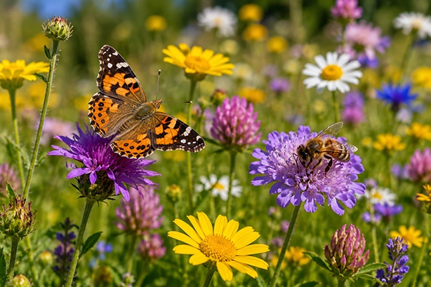 Vlinder en bij op paarse zomerbloemen in een kleurrijke bloemenweide