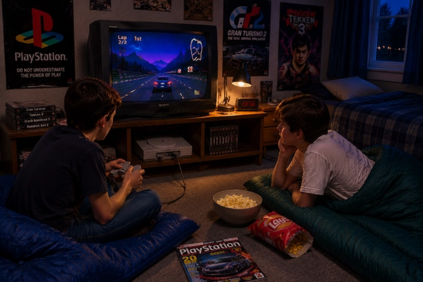 Vrienden tijdens een retro game-logeerpartij in de jaren 90 met een PlayStation, CRT-televisie en bedrade controller in een slaapkamer