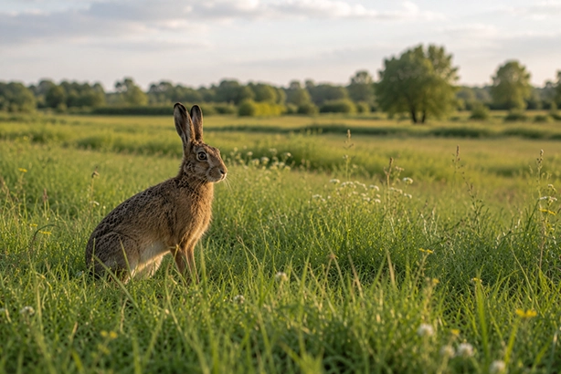 Haas alleen in een groen Nederlands weiland tussen het hoge gras