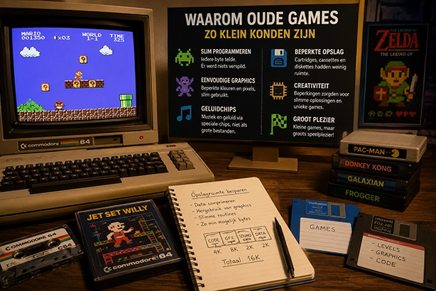 Commodore 64 met klassieke game, cassettebandje, diskettes en informatie over beperkte opslagruimte