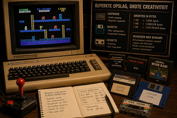 Commodore 64 met klassieke game, cassettebandje en diskettes uit het retro tijdperk