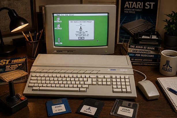 Atari 1040ST met CRT-monitor, muis, joystick en diskettes op een nostalgische retrocomputerwerkplek