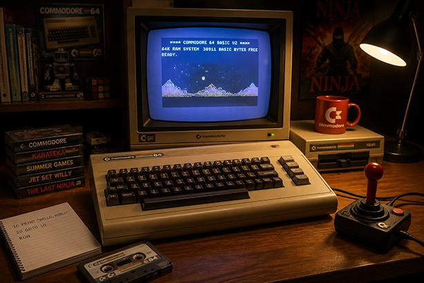 Commodore 64 met CRT-monitor, BASIC-code, cassettebandje en joystick op een retrocomputerbureau