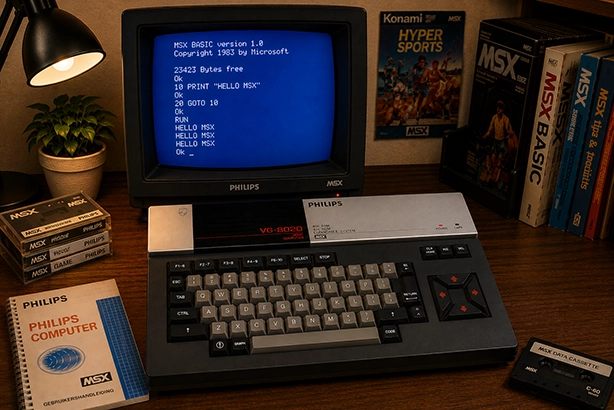Philips VG-8020 MSX-computer met CRT-monitor waarop MSX BASIC wordt weergegeven, in een sfeervolle jaren 80-werkplek