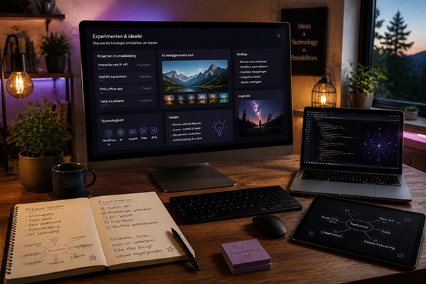 Creatieve techwerkplek met desktop waarop AI-experimenten en ideeën voor nieuwe technologie worden getest