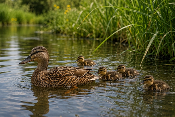 Wilde eend met vijf jonge eendjes op rustig Nederlands water tussen het riet