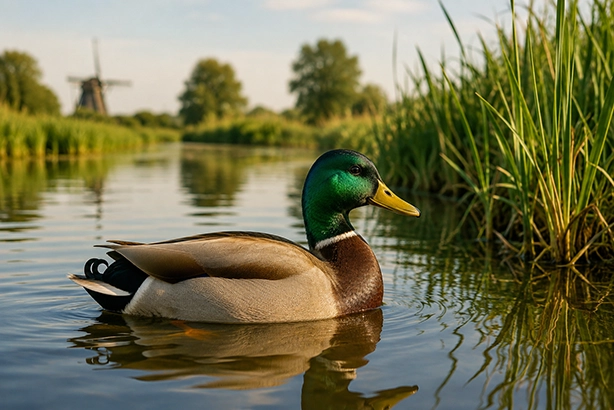 Wilde eend op een rustige Nederlandse sloot met riet en een molen op de achtergrond