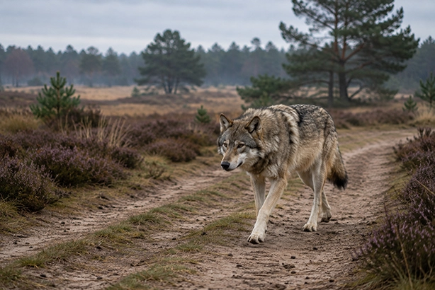Alt tekst: Wolf loopt door een Nederlands natuurgebied op zoek naar een leefgebied