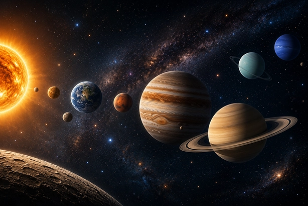 De planeten van ons zonnestelsel met de zon en de Melkweg op de achtergrond