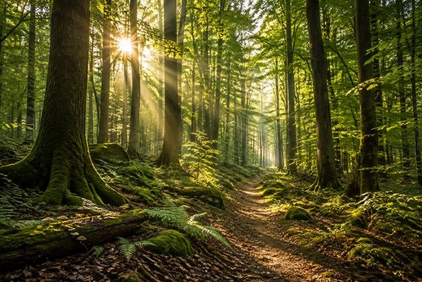 Oud bos met hoge bomen, mos, varens en zacht zonlicht tussen de bomen