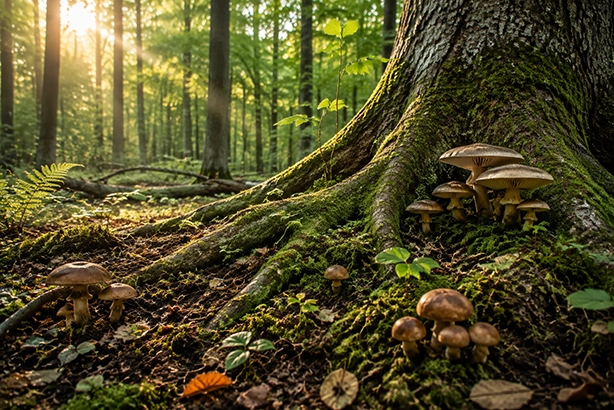 Paddenstoelen bij de met mos bedekte wortels van een oude boom in een zonnig bos