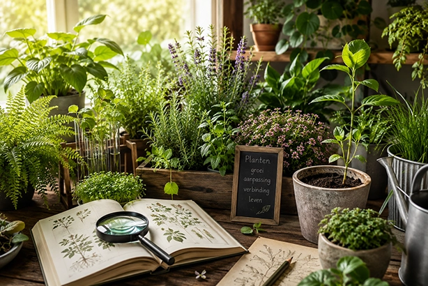 Planten in verschillende soorten en groeifasen met botanisch boek en vergrootglas