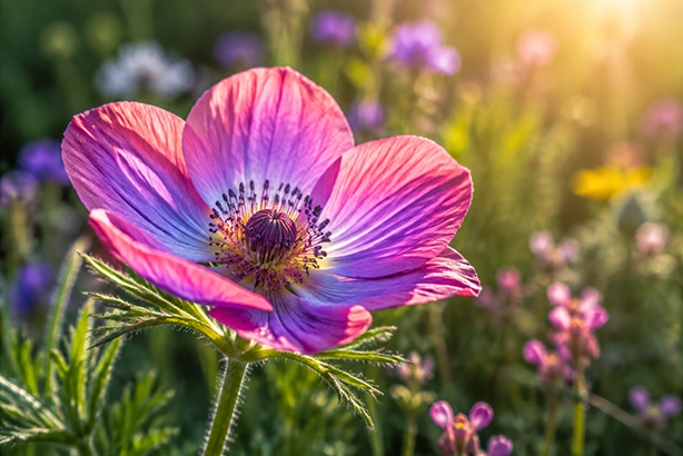 Kleurrijke bloem met paarse en roze bloemblaadjes in zacht natuurlijk zonlicht