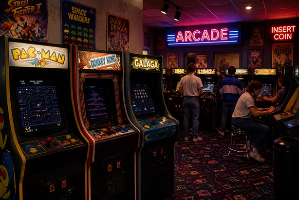 Klassieke arcadegames in een sfeervolle arcadehal uit de jaren 80 en 90