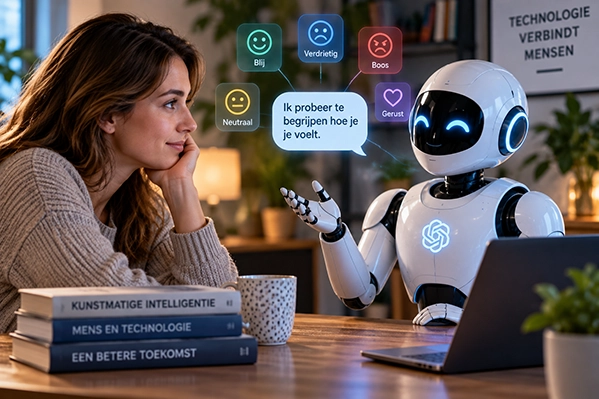 Vrouw praat met een humanoïde AI terwijl verschillende menselijke emoties worden weergegeven.