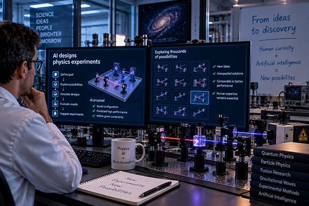Wetenschapper onderzoekt met AI ontworpen natuurkundige experimenten in een modern laboratorium