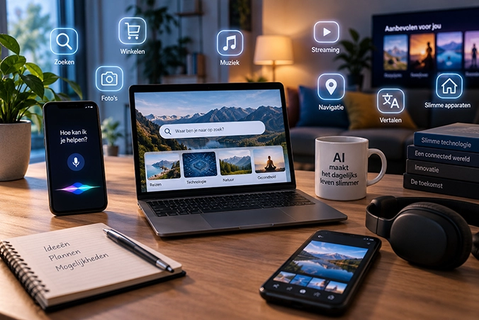 Moderne werkplek met laptop en smartphone die verschillende toepassingen van kunstmatige intelligentie tonen