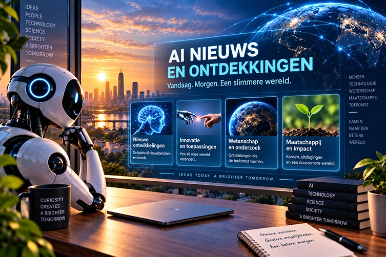Futuristische AI-nieuwsomgeving met humanoïde robot, digitale wereldbol en nieuws over kunstmatige intelligentie