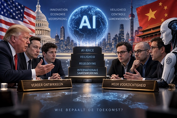 Futuristische illustratie van de wereldwijde AI-race tussen de Verenigde Staten en China, met aandacht voor innovatie, veiligheid en regelgeving