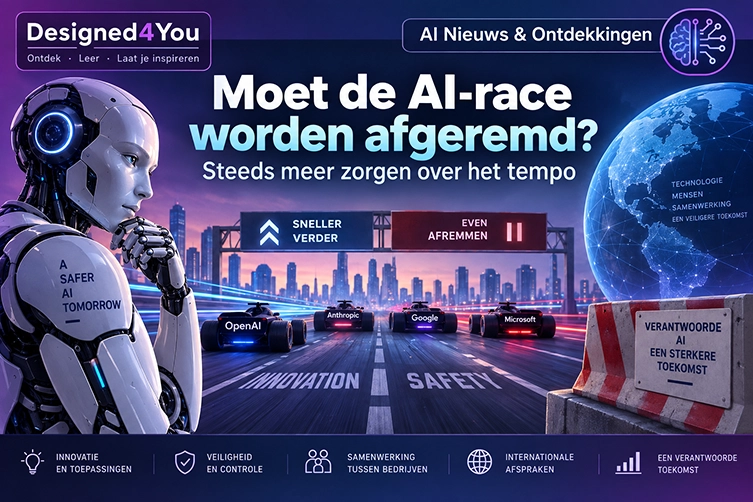 Futuristische illustratie over de AI-race met een humanoïde robot, AI-bedrijven en de afweging tussen innovatie en veiligheid