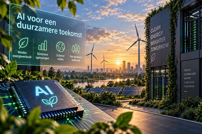 AI-technologie gecombineerd met zonnepanelen, windturbines en een groene omgeving
