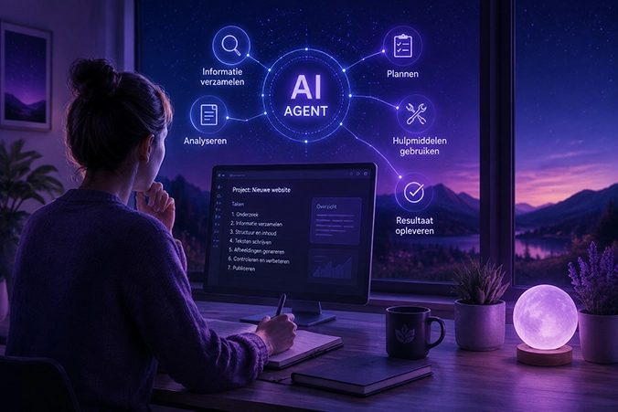 Persoon werkt samen met AI aan een websiteproject in een creatieve werkruimte met digitale technologie