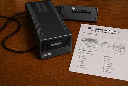 Amstrad floppy drive met disk drive interface en technische documentatie op een houten bureau
