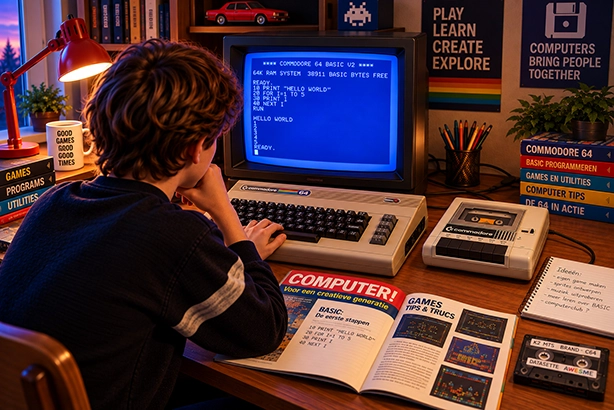 Jongere achter een Commodore 64 die met BASIC leert programmeren in een retrocomputerruimte
