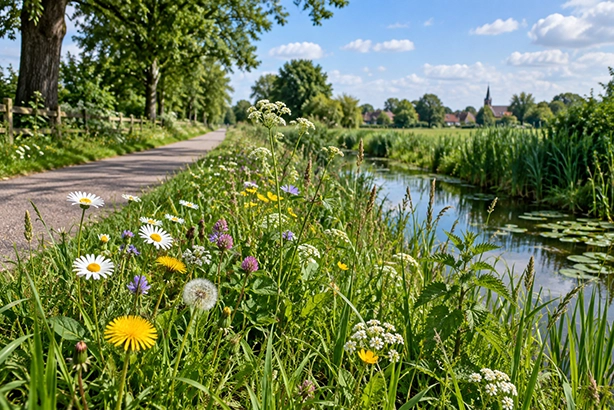 Wilde kruiden en planten langs een Nederlands wandelpad en sloot
