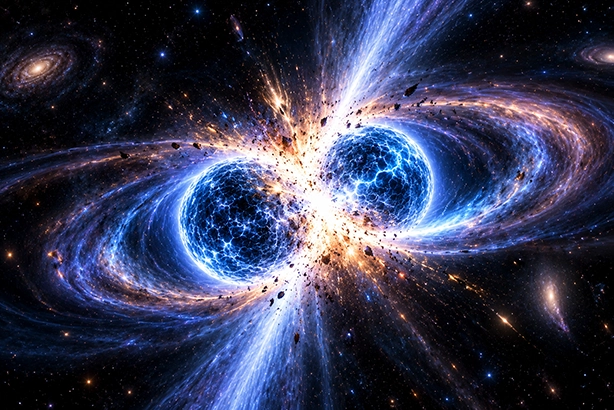 Botsing van twee neutronensterren waarbij een krachtige explosie en grote hoeveelheden materiaal vrijkomen