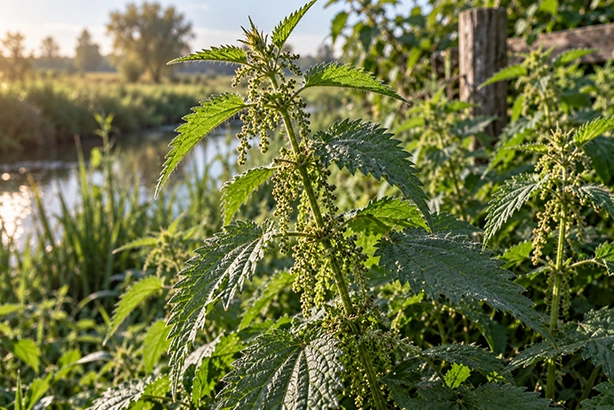 Grote brandnetel langs een sloot in het Nederlandse landschap
