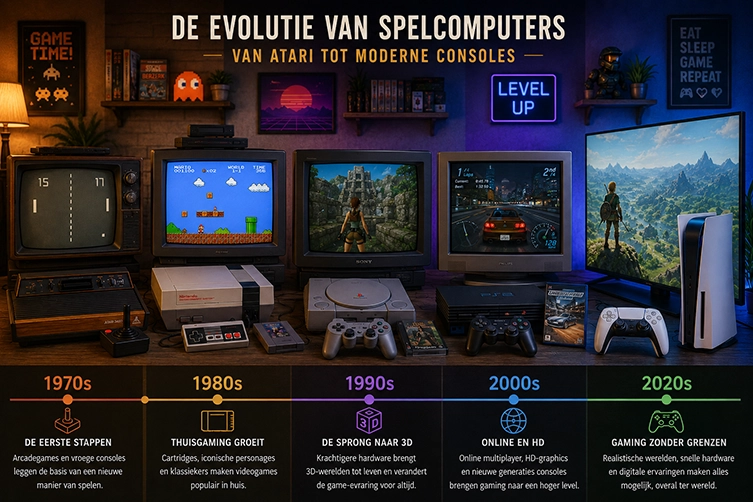 Overzicht van de evolutie van spelcomputers van de jaren 70 tot de jaren 2020, met klassieke consoles, moderne gamehardware en verschillende gamebeelden