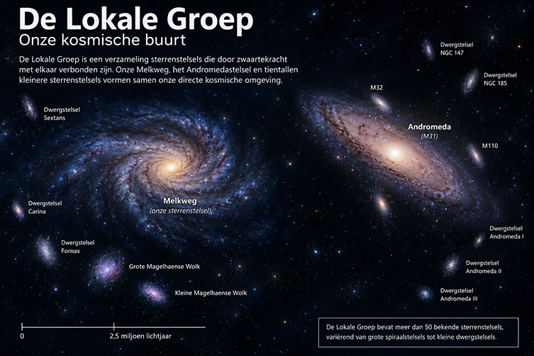 Illustratie van de Lokale Groep met de Melkweg, Andromeda en verschillende kleinere dwergsterrenstelsels
