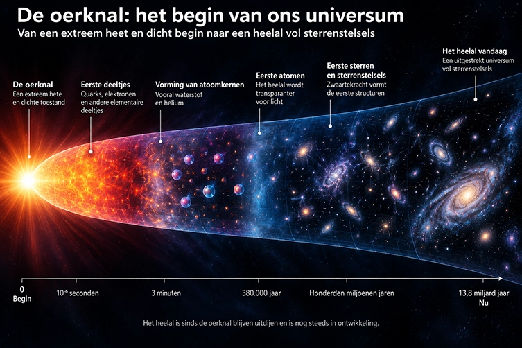 Illustratie van de ontwikkeling van het heelal vanaf de oerknal tot het huidige universum vol sterrenstelsels