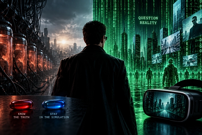 Futuristische digitale wereld met AI, virtuele realiteit en groene computercode