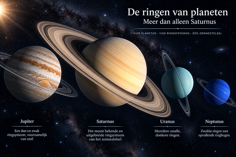 De vier reuzenplaneten met hun verschillende ringsystemen