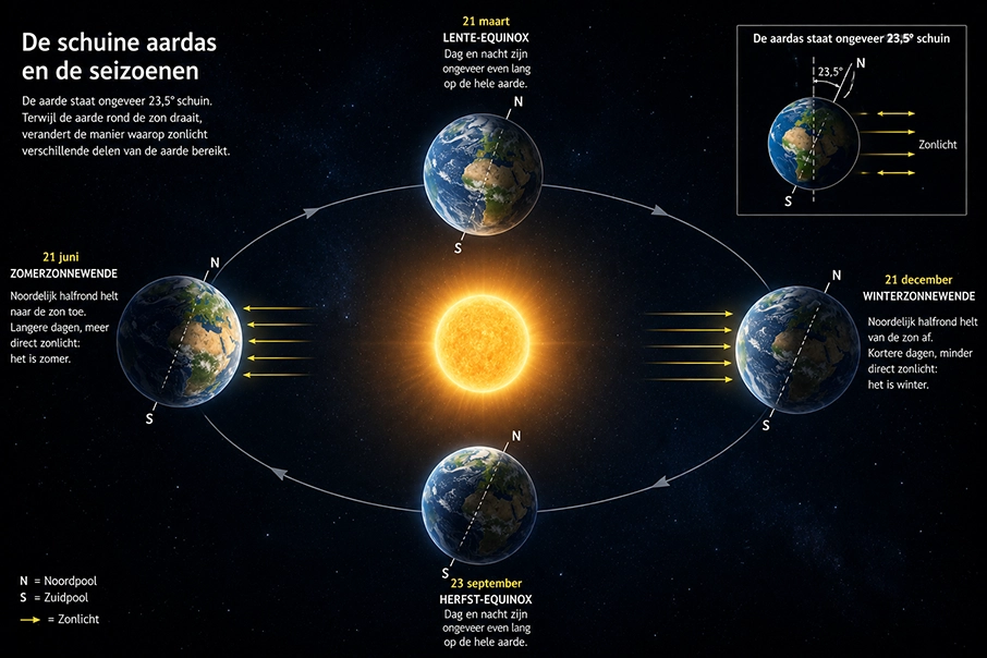 Illustratie van de schuine aardas van de aarde en de invloed daarvan op de seizoenen gedurende de baan rond de zon
