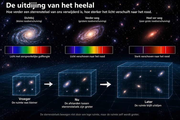 Illustratie van roodverschuiving en de uitdijing van het heelal waarbij sterrenstelsels steeds verder uit elkaar komen te staan