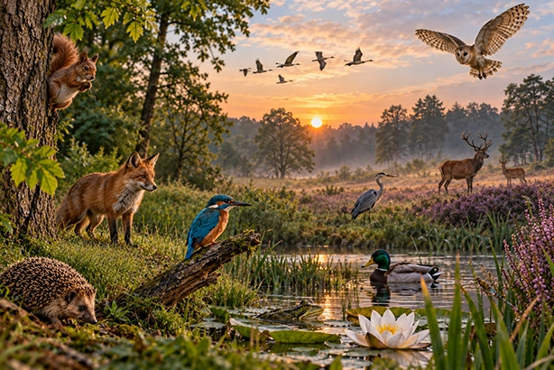 Vos, eekhoorn, egel, ijsvogel, ree en andere dieren in een gevarieerd Nederlands natuurlandschap