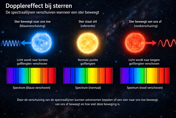 Illustratie van het Dopplereffect waarbij spectraallijnen van een bewegende ster naar blauw of rood verschuiven